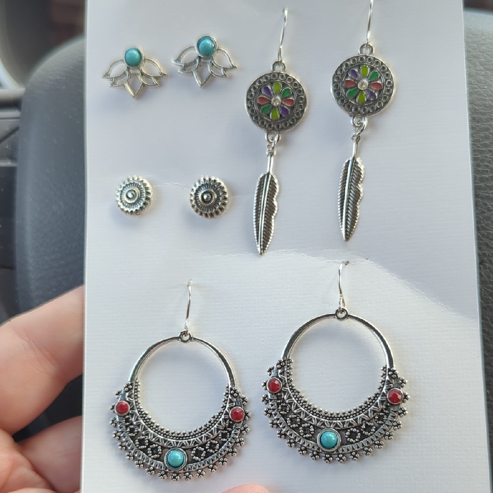 Boho Silver-Tone Earrings Sets With Color Accents- 4 Pairs